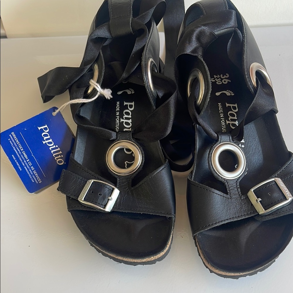 Papillio Emy black leather wedge sandals 36 narrow nwt
